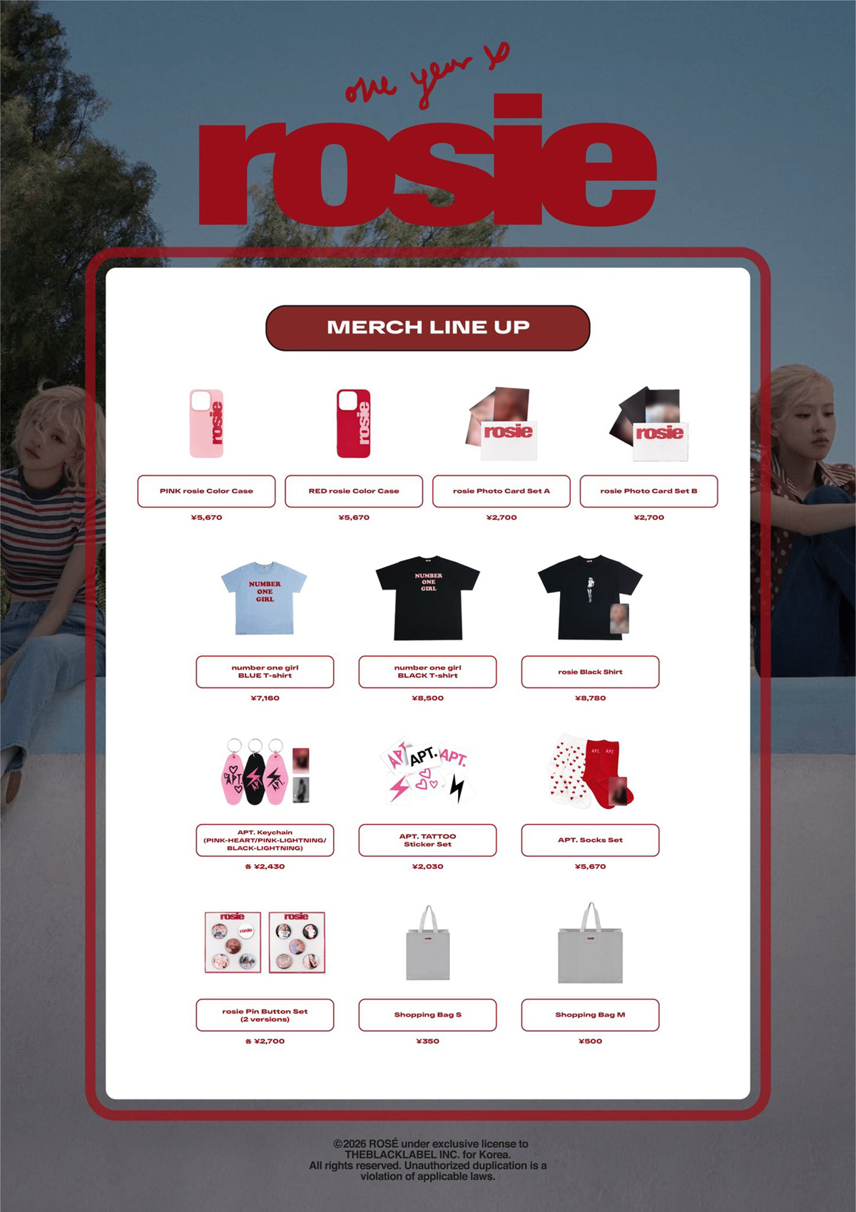 MERCH LINE UP 1／rosie Color Case、Photo Card Set、number one girl T-shirt、APT. Keychain ほか