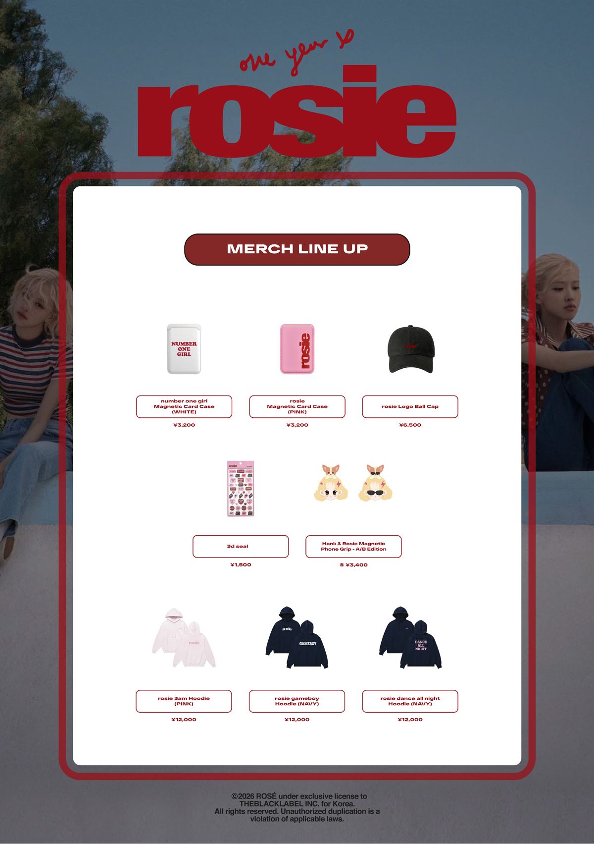 MERCH LINE UP 2／Magnetic Card Case、rosie Logo Ball Cap、3d seal、rosie Hoodie ほか