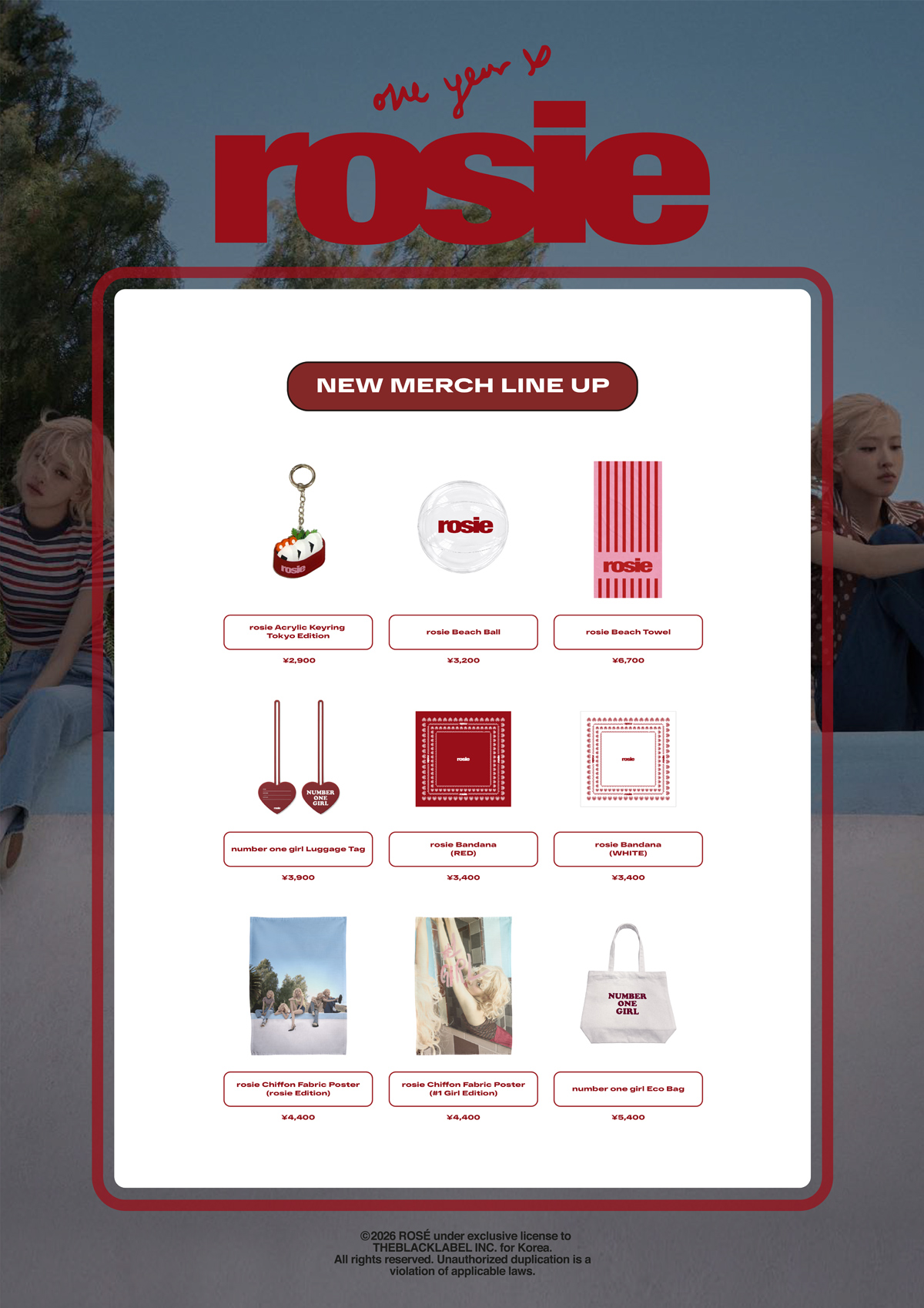 NEW MERCH LINE UP／rosie Acrylic Keyring Tokyo Edition、Beach Towel、Bandana、Chiffon Fabric Poster ほか